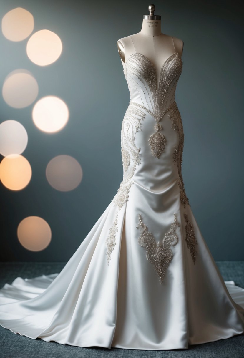 A satin mermaid dress with intricate beadwork cascading down the skirt, reminiscent of 1800s gowns, serves as inspiration for wedding dress ideas