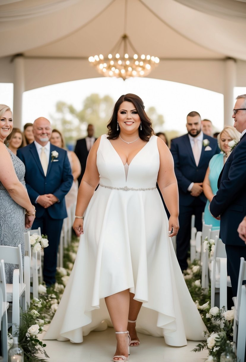 A curvy bride over 40 walks down the aisle in a modern high-low hemline gown, the flowing fabric trailing behind her as she moves