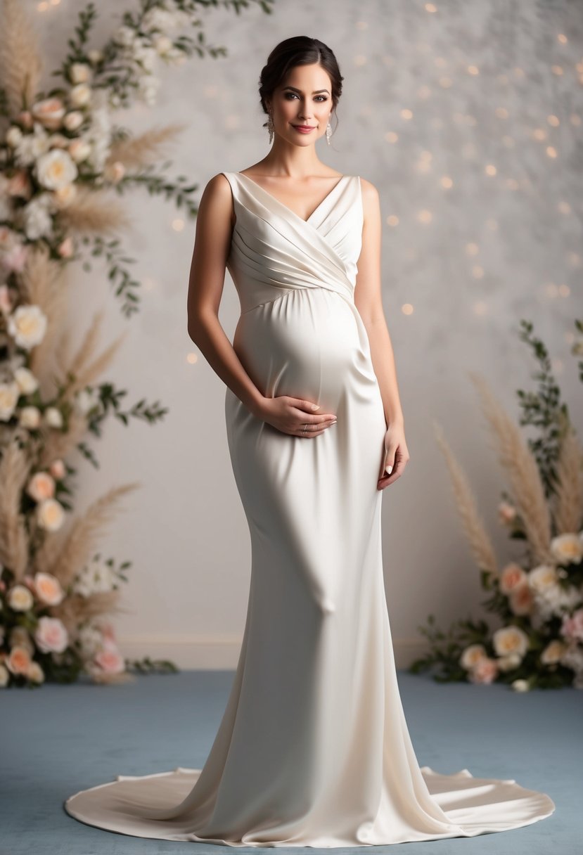 A silk sheath dress with elegant draping, showcasing a subtle baby bump, set against a romantic wedding backdrop