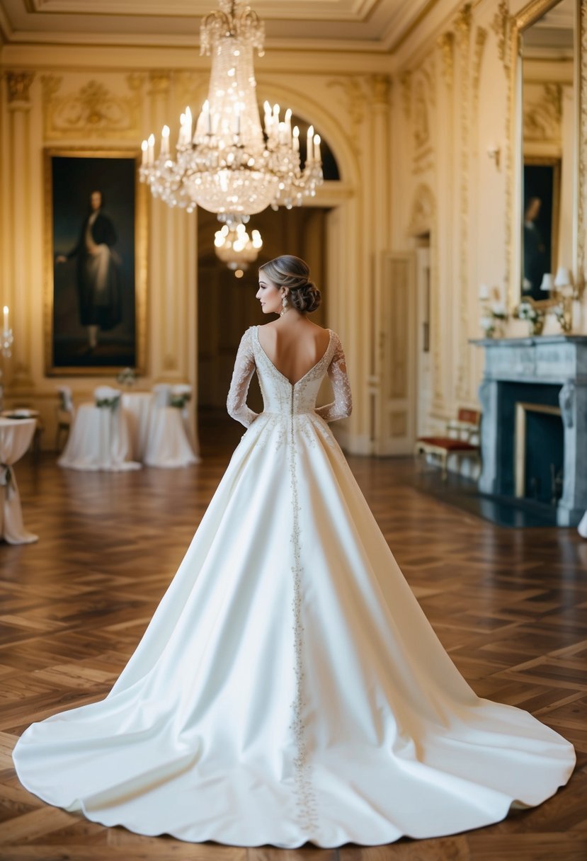 An elegant A-line gown with a cathedral train flowing gracefully in a grand ballroom of a 19th-century mansion