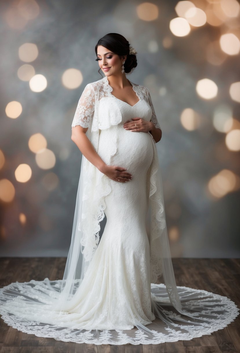 A flowing lace overlay gown drapes over a rounded belly, adding elegance to a 5-month pregnant bride's wedding dress