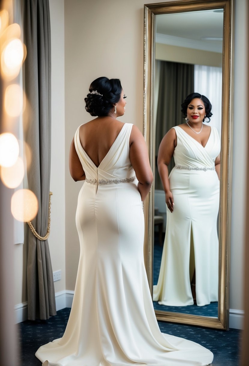 A curvy bride in her 40s wearing a refined crepe dress with a draped back, standing in front of a full-length mirror, admiring her reflection