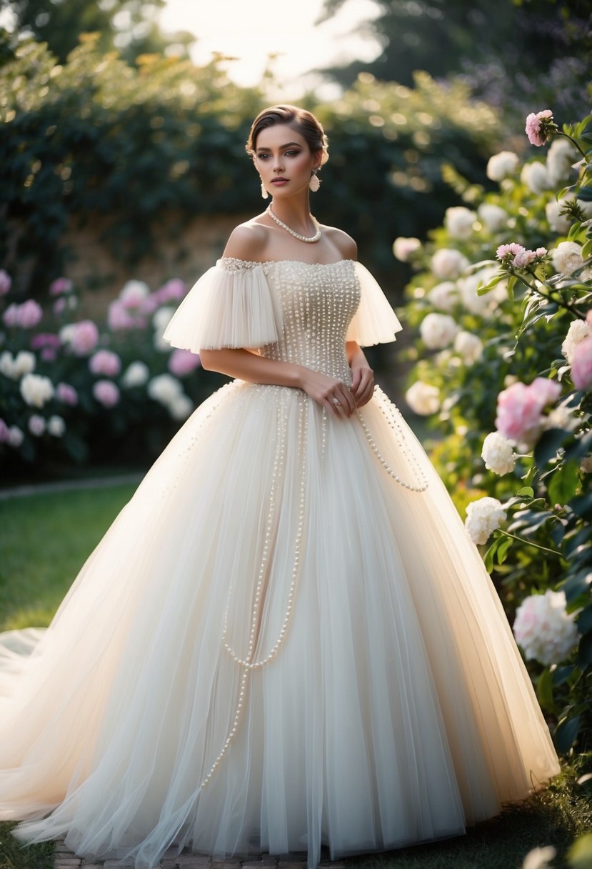 An off-the-shoulder tulle gown adorned with pearls, set in a lush garden with blooming flowers and a vintage 1800s aesthetic