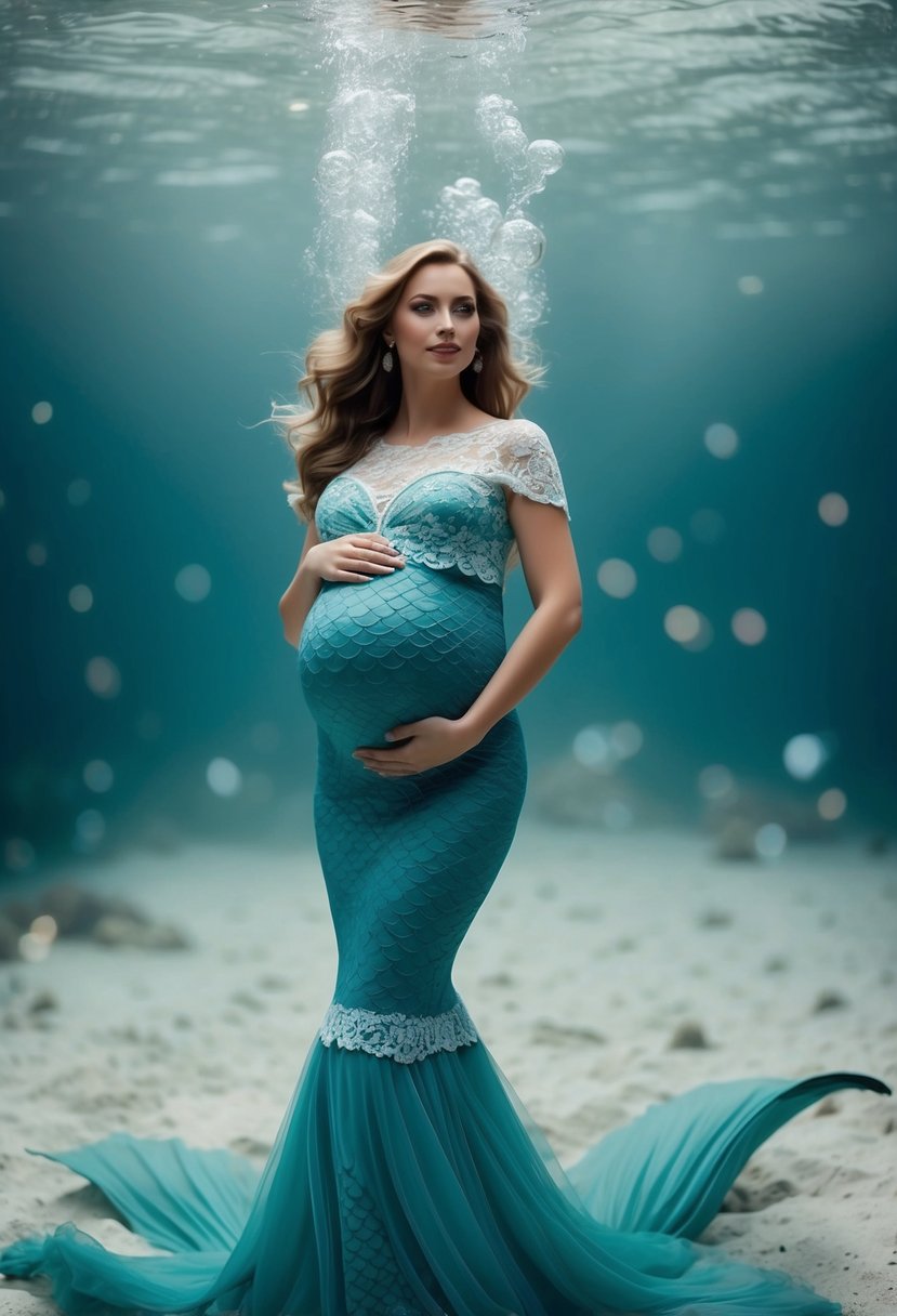 A flowing maternity mermaid dress with delicate lace details, designed to accommodate a 5-month pregnant belly, set against a dreamy underwater backdrop