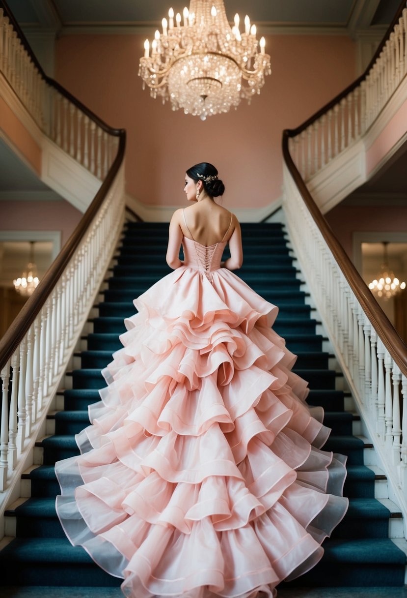 A blush pink gown with layered ruffles cascades down a grand staircase in a 1800s ballroom