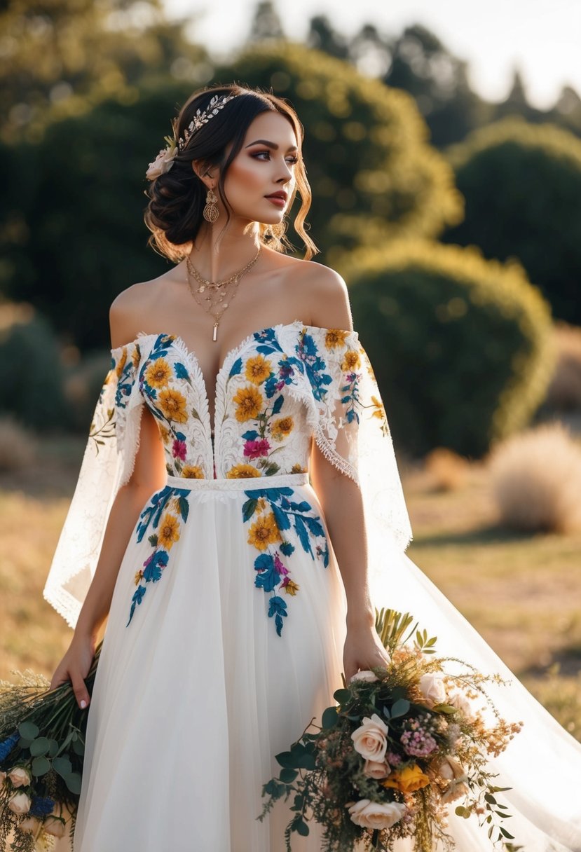 A flowing, off-the-shoulder wedding dress adorned with vibrant floral patterns, accented with delicate lace and earthy accessories