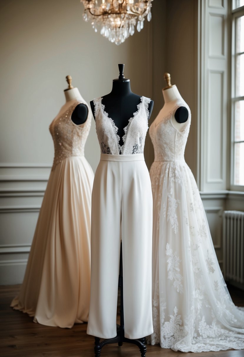 A modern jumpsuit with lace detailing is displayed next to elegant 1800s gowns, inspiring wedding dress ideas