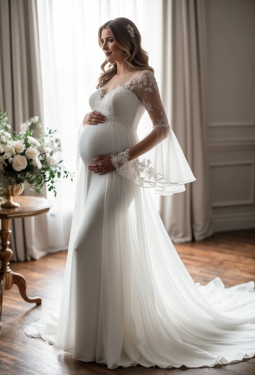 A flowing wedding dress with sheer bell sleeves, showcasing elegance and style for a 5 months pregnant bride