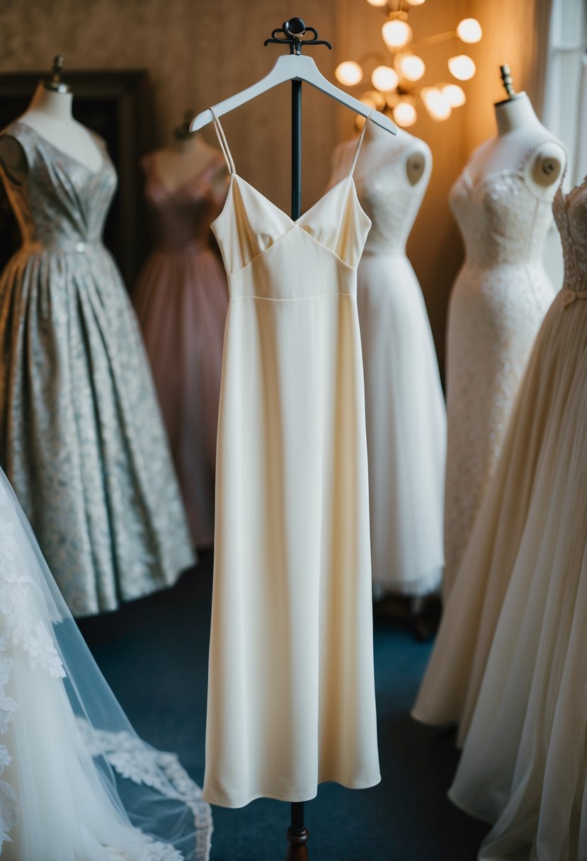 An elegant slip dress with spaghetti straps hangs on a vintage mannequin, surrounded by 1800s gowns for wedding dress ideas