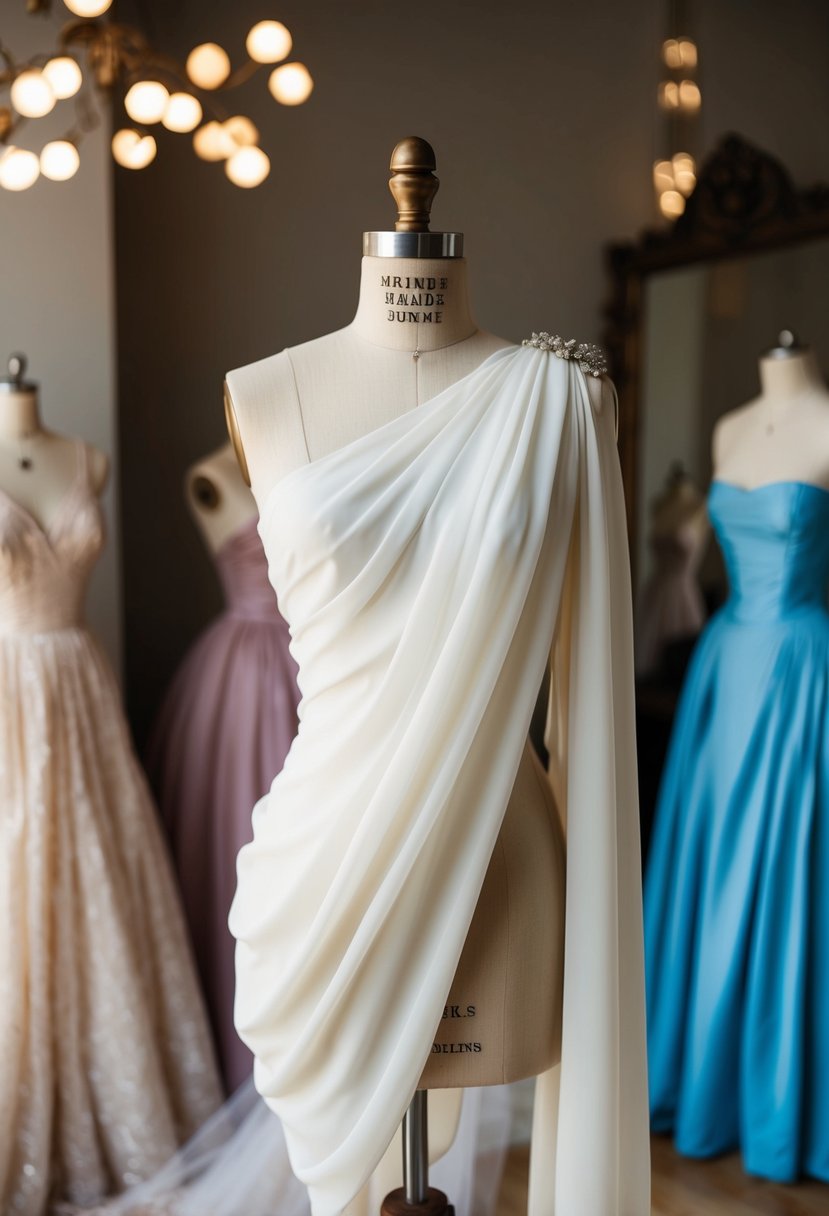 A Grecian-style chiffon one-shoulder dress draped over a vintage mannequin, surrounded by 1800s gowns for wedding dress ideas