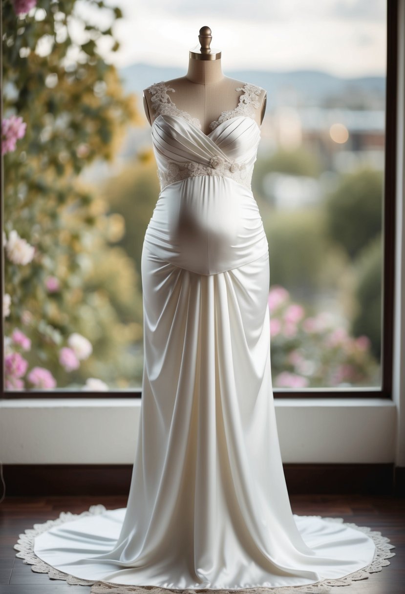 A soft satin wedding dress with a drop waist drapes elegantly over a round belly, accented with delicate lace and floral details