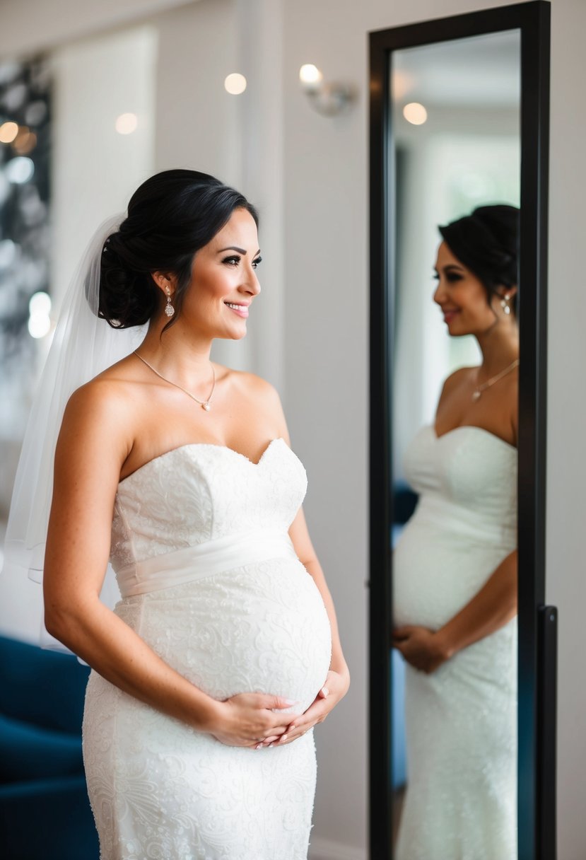 A pregnant bride in a strapless wedding dress, her belly gently stretching the bodice as she stands in front of a mirror, admiring her reflection