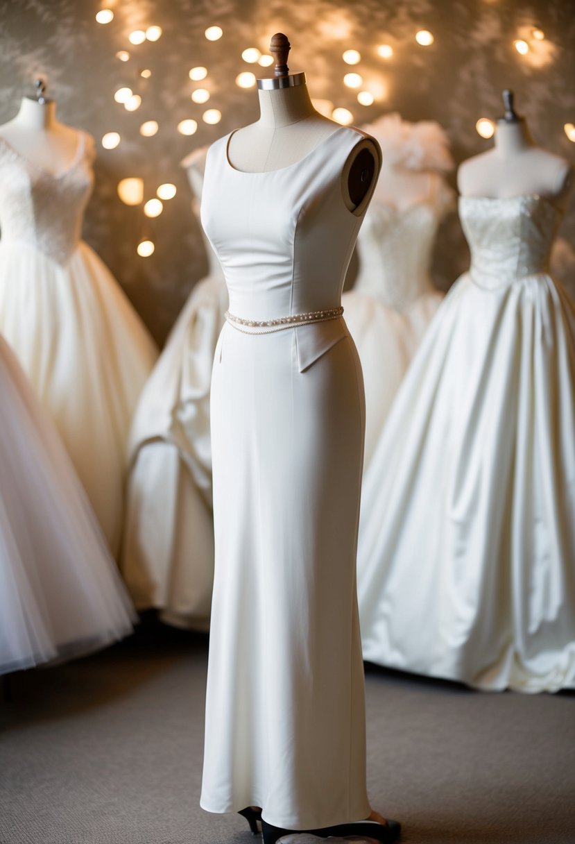 A simple, elegant sheath dress from the 1800s, with clean lines and minimal embellishments, set against a backdrop of vintage wedding gowns