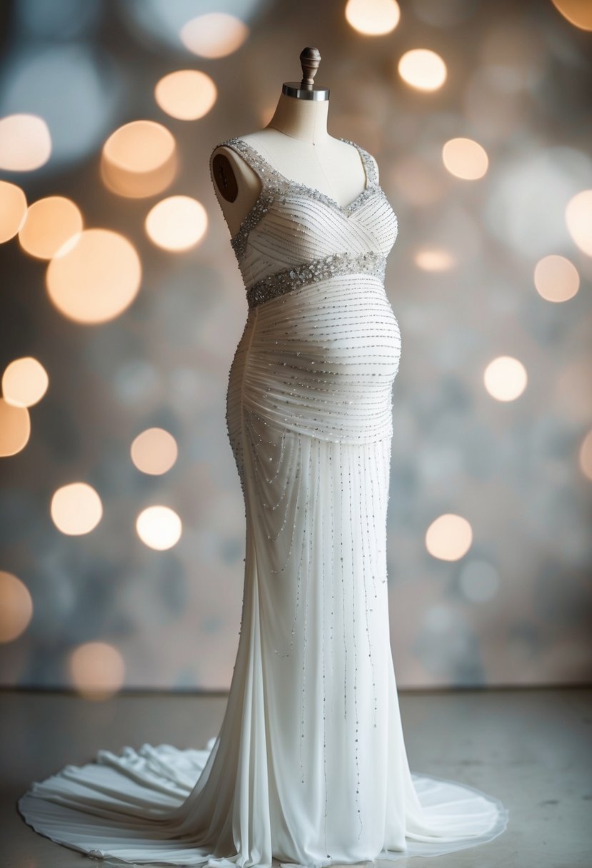 A beaded gown with gentle ruching, designed for a 5 months pregnant bride, flowing gracefully on a mannequin