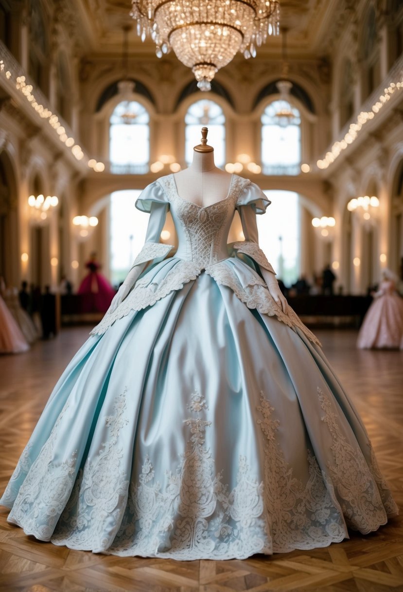 A grand ballroom with an opulent fairytale-inspired gown, featuring a voluminous skirt and intricate lace detailing, set in the 1800s