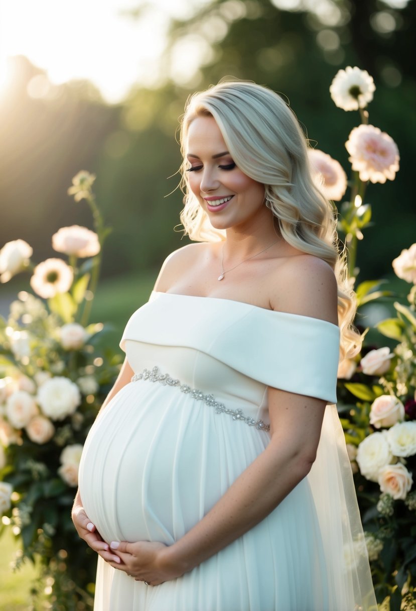 A glowing pregnant woman in an off-the-shoulder empire line wedding dress, surrounded by flowers and soft lighting