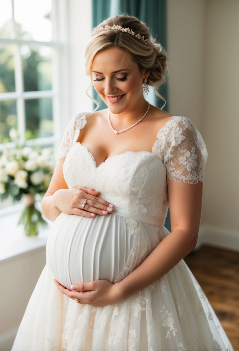 A glowing bride in a tea-length, vintage-inspired wedding dress, gently cradling her 5-month baby bump. The dress features delicate lace, a sweetheart neckline, and a full skirt with a subtle floral pattern