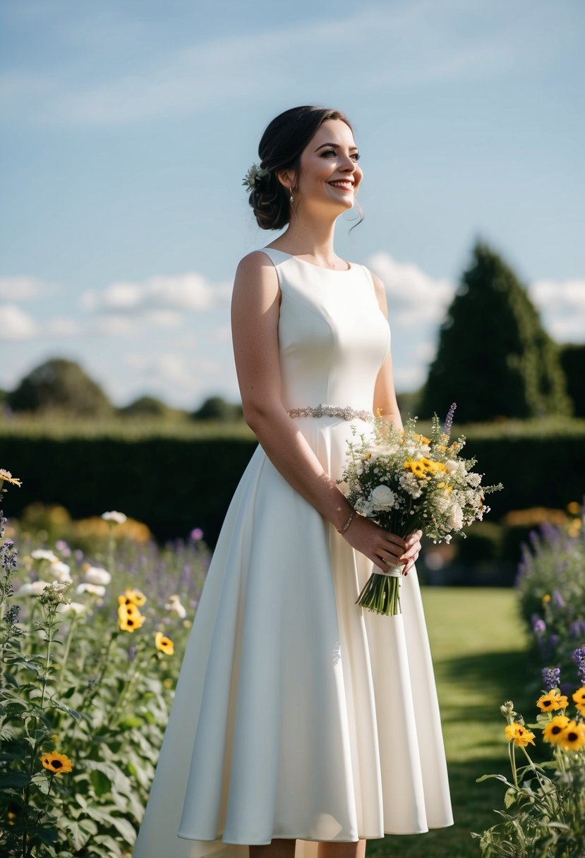 A bride stands in a garden, wearing a knee-length wedding dress. She holds a bouquet of wildflowers and smiles at the sunny sky