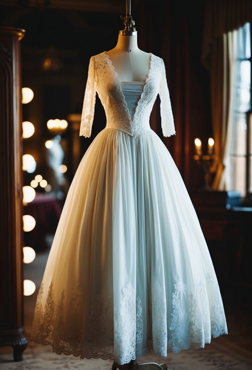 A drop-waist gown with delicate lace overlay hangs on a vintage mannequin in a dimly lit Victorian-era dressing room