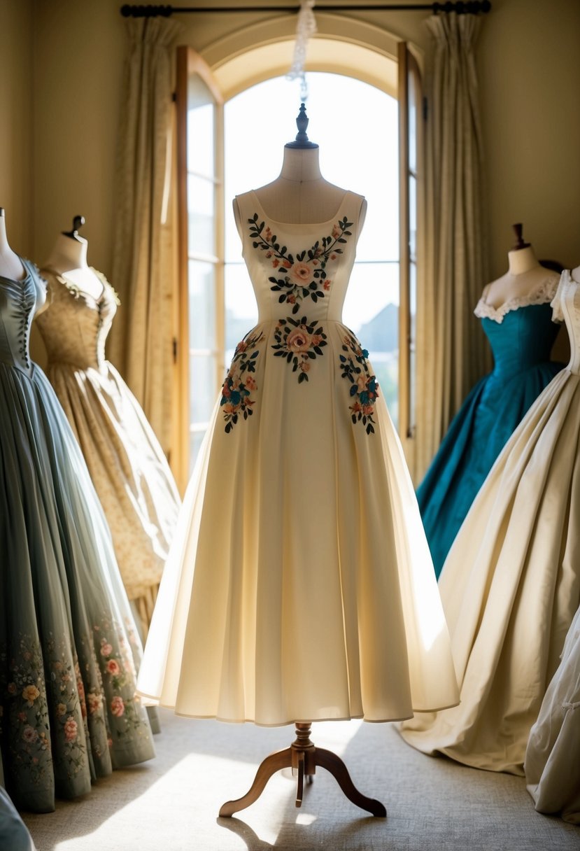 A tea-length dress with floral appliqué hangs on a vintage mannequin in a sunlit room, surrounded by antique 1800s gowns