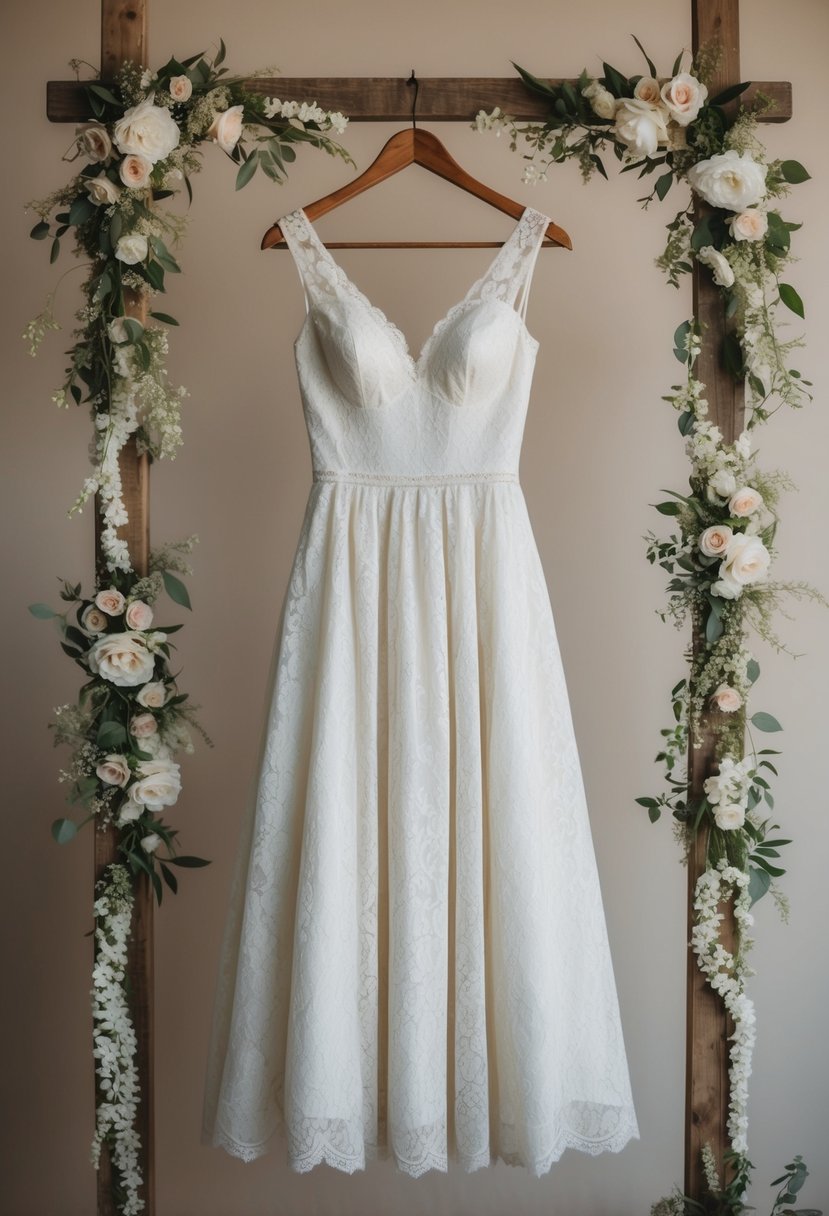 A vintage lace A-line knee-length wedding dress hanging on a rustic wooden hanger, surrounded by delicate floral accents and soft natural lighting