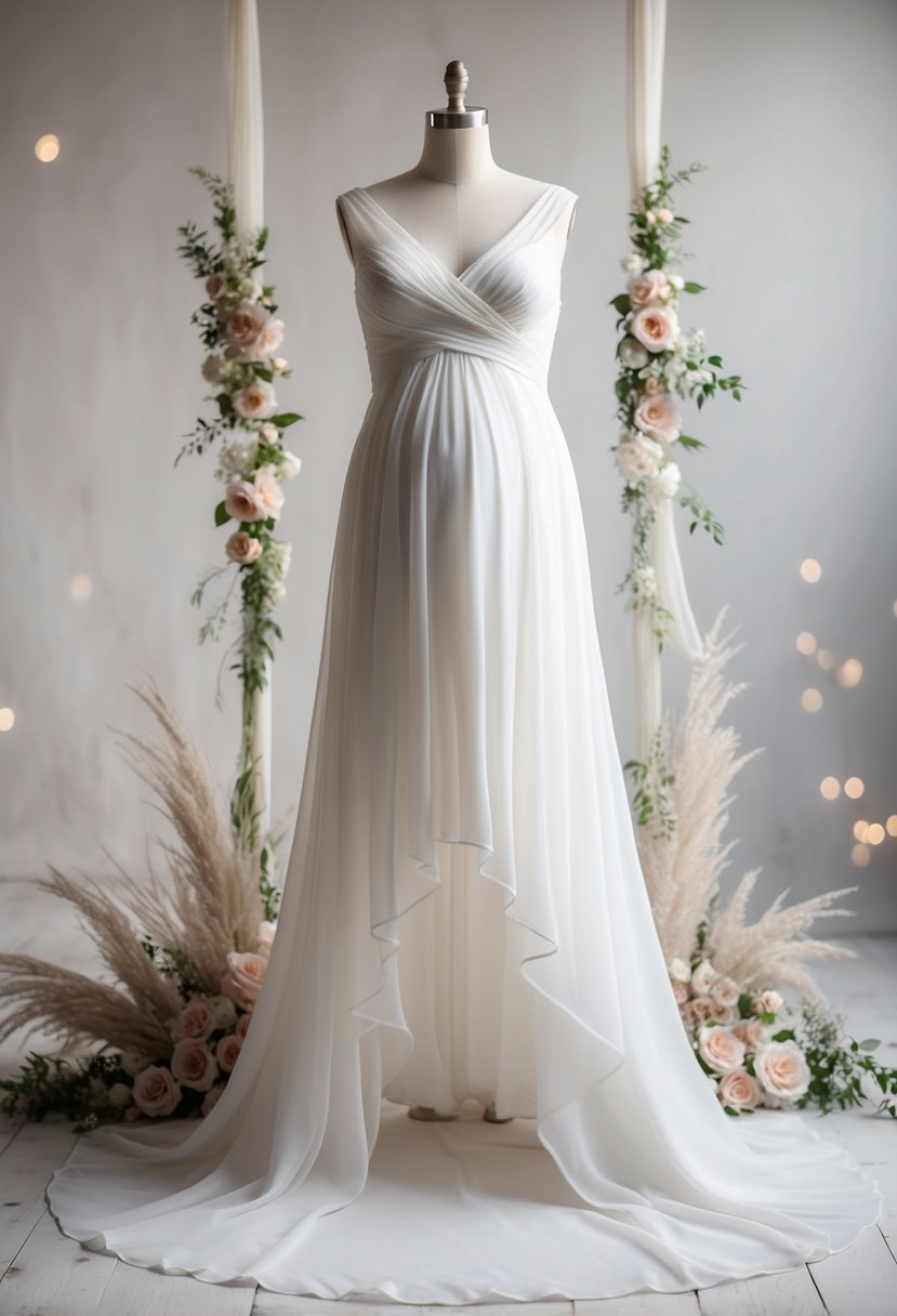 A flowing chiffon wedding dress with a high-low hem, gently draping over a rounded belly, surrounded by delicate floral accents and soft, ethereal fabric