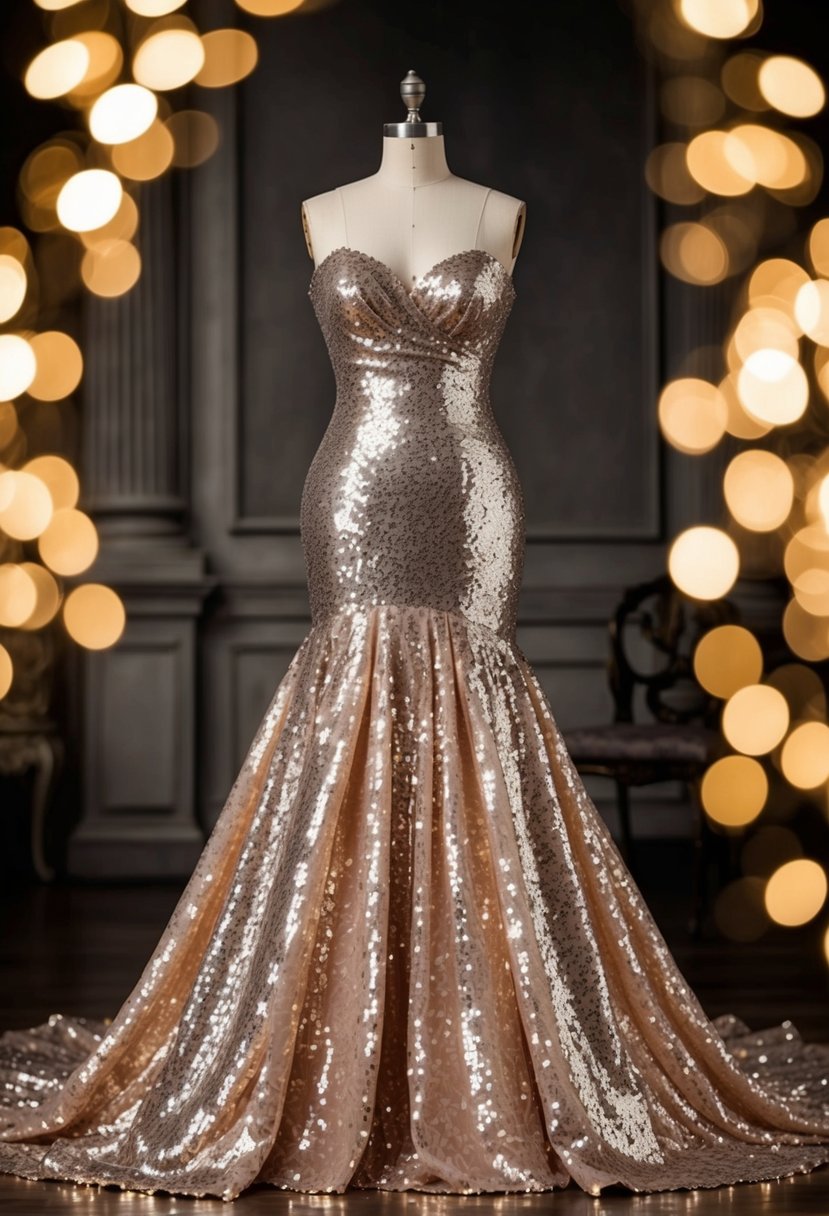 A dazzling sequin gown with a trumpet silhouette, cascading down in opulent folds, set against a backdrop of 1800s elegance