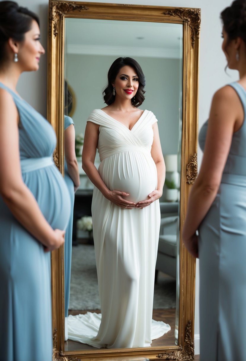 A woman in a convertible maternity dress stands in front of a mirror, trying on different styles for her 5-month pregnant wedding dress