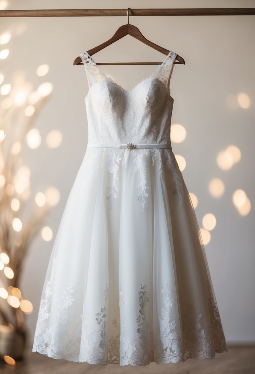 A knee-length fit and flare wedding dress with a floral lace overlay, hanging on a vintage wooden hanger against a soft, romantic background