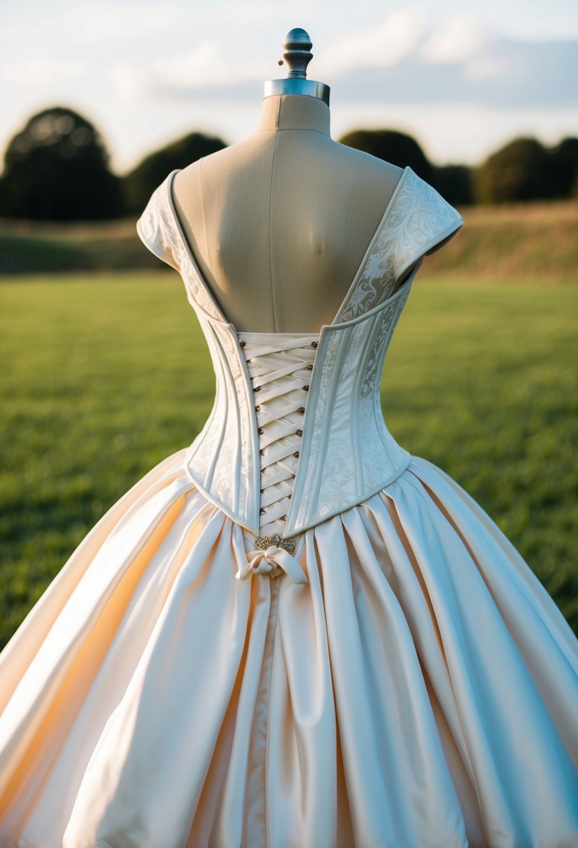 A silk ballgown with an intricate corset back, reminiscent of 1800s wedding dress elegance