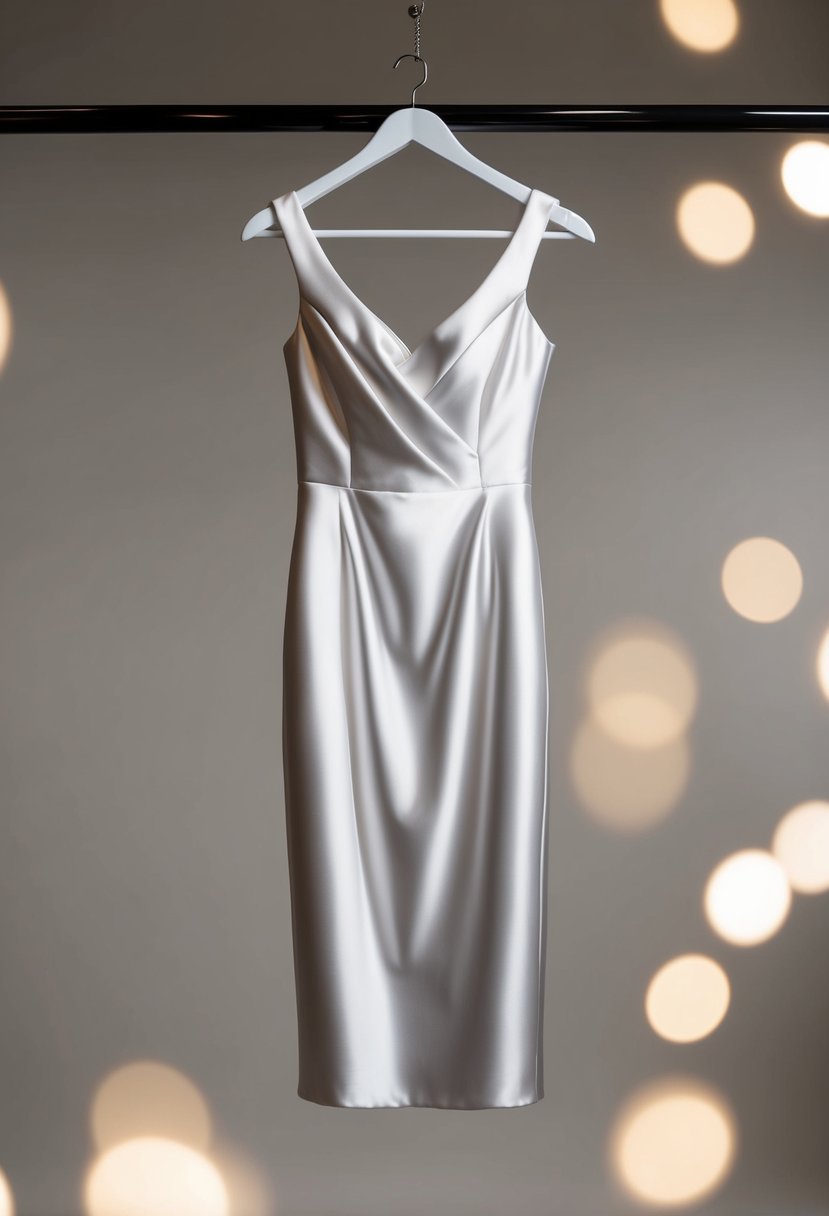 A satin sheath dress draped over a hanger, with soft lighting highlighting its sleek knee-length silhouette