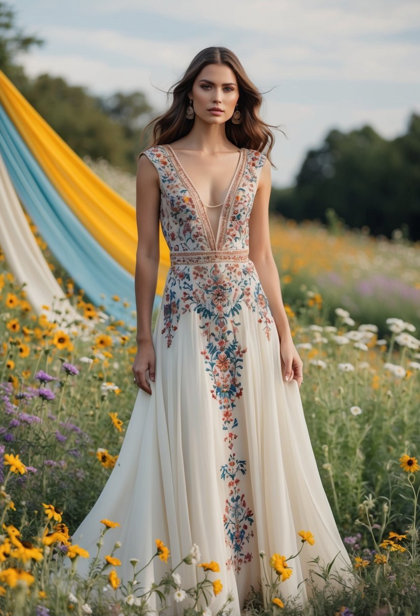 A flowing knee-length gown with intricate bohemian-inspired embroidery, surrounded by wildflowers and draped fabric