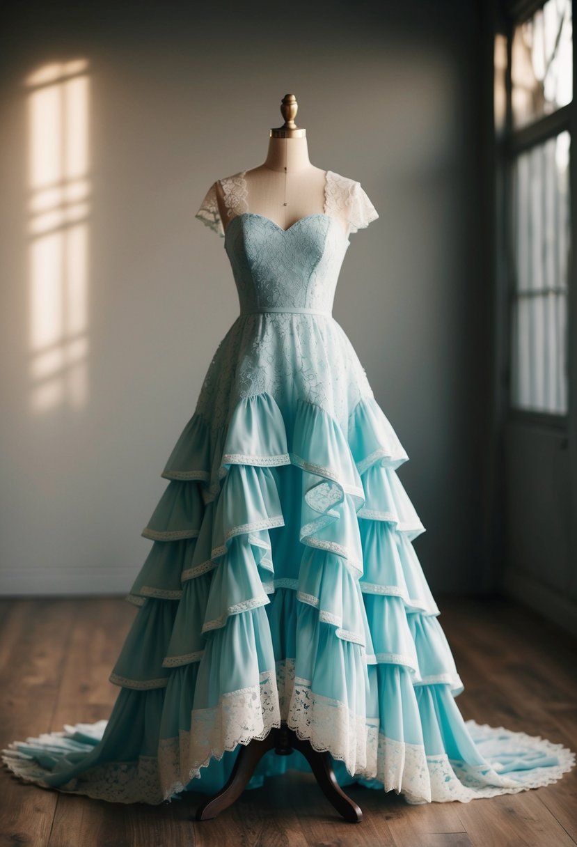 A tea-length dress with cascading ruffles, delicate lace, and a flowing silhouette