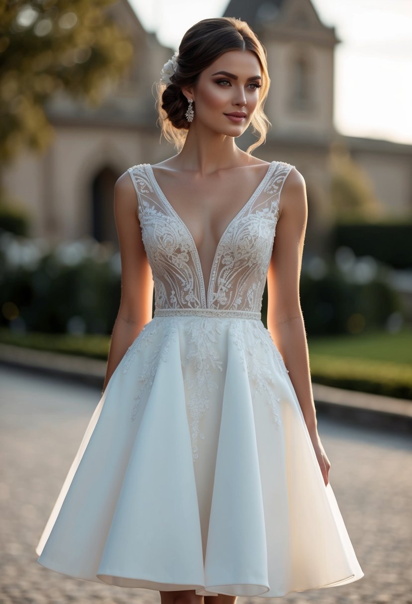 A bride stands in a knee-length wedding dress with a deep V-neck design, adorned with intricate embroidery and delicate details