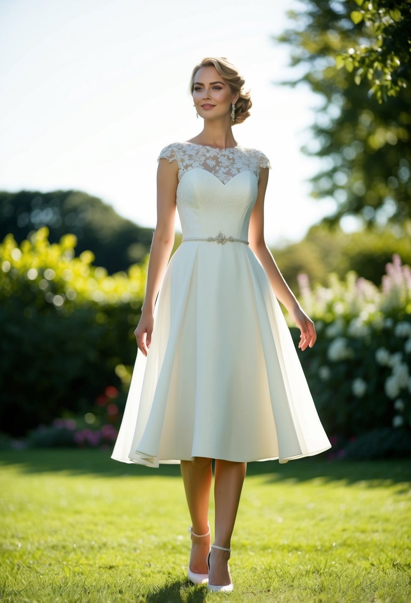 A bride stands in a sunlit garden, wearing a classic A-line silhouette knee-length wedding dress. The dress features delicate lace and a flowing skirt