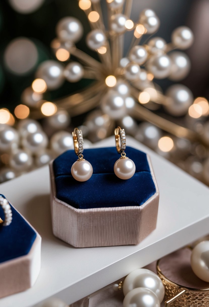 Two elegant gold pearl wedding earrings displayed on a velvet cushion