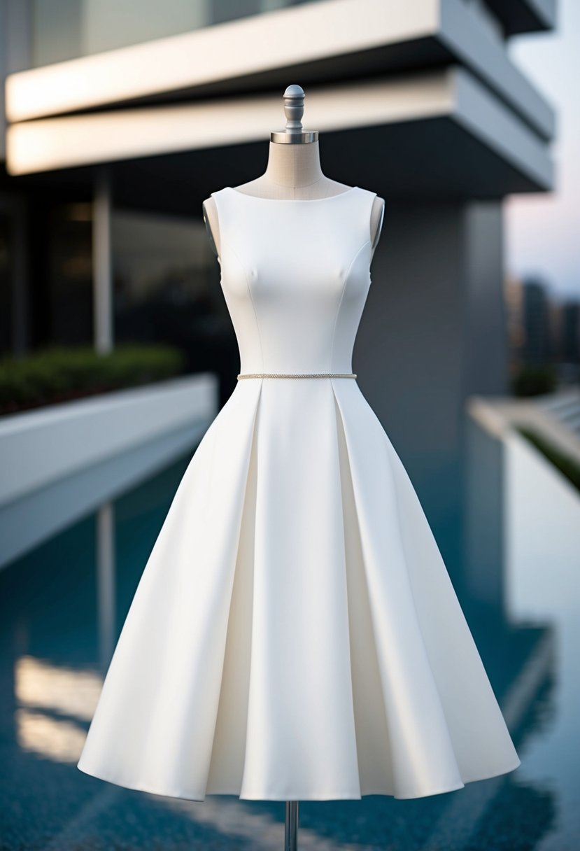 A sleek, knee-length wedding dress with clean lines and minimal detailing, set against a backdrop of modern architecture and geometric shapes