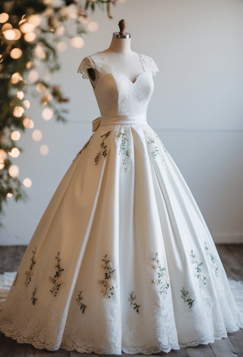 A lace-trimmed, tea-length wedding dress with a full skirt and sweetheart neckline, adorned with delicate floral appliques and a satin sash