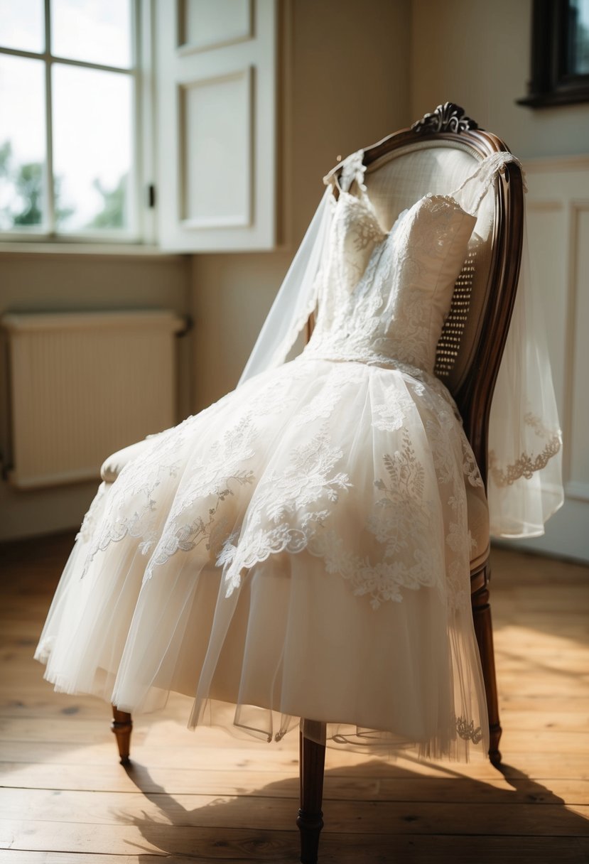 A delicate lace and tulle knee-length wedding dress draped over a vintage chair in a sunlit room