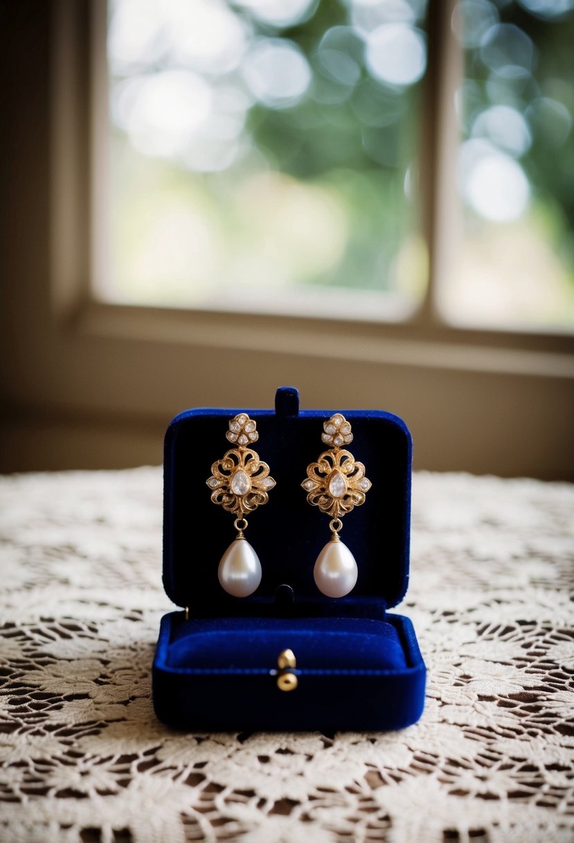 A pair of ornate gold and pearl drop earrings hanging from a velvet jewelry box on a vintage lace tablecloth