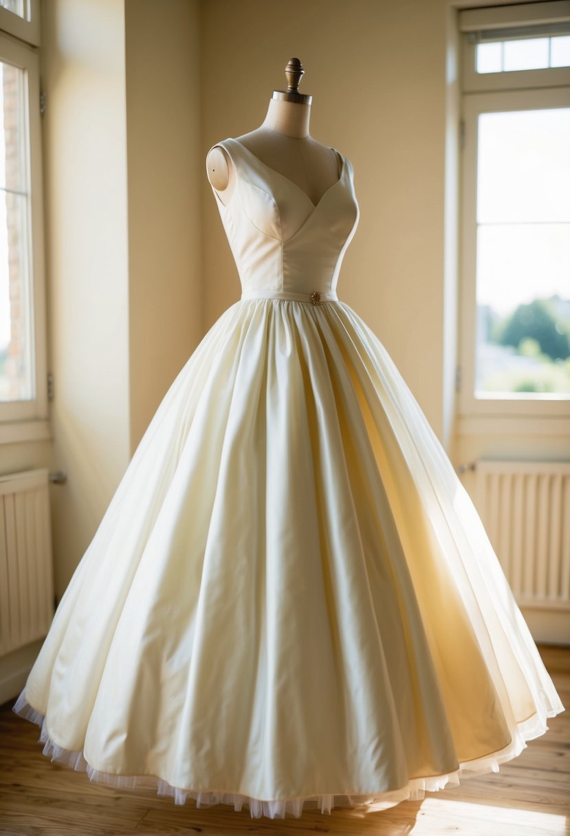 A vintage 50s wedding dress with a full skirt and tulle underlay, hanging on a dress form in a sunlit room