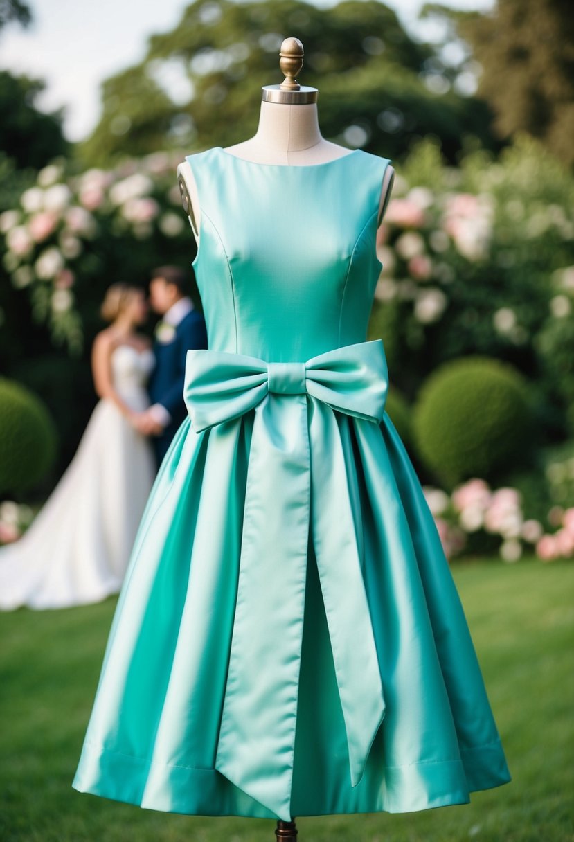 A knee-length taffeta dress with a large bow at the waist, set against a backdrop of a romantic garden wedding