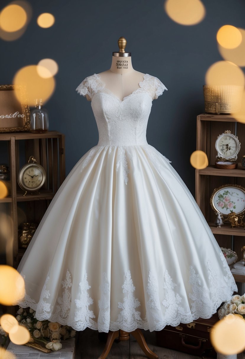 A tea length wedding dress with lace details, surrounded by vintage 50s decor and accessories