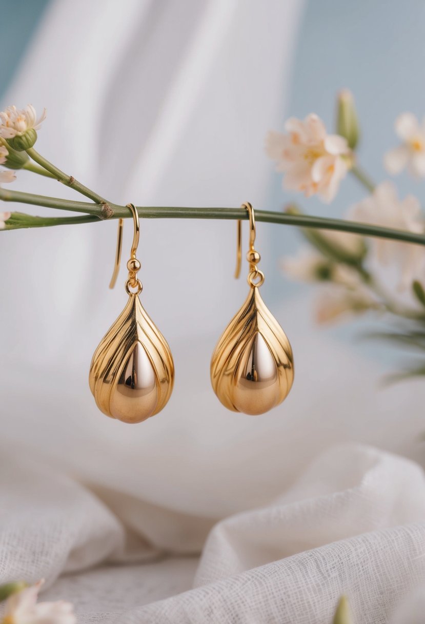 Golden teardrop earrings with lustrous pearls, set against a backdrop of soft, flowing fabric and delicate floral accents