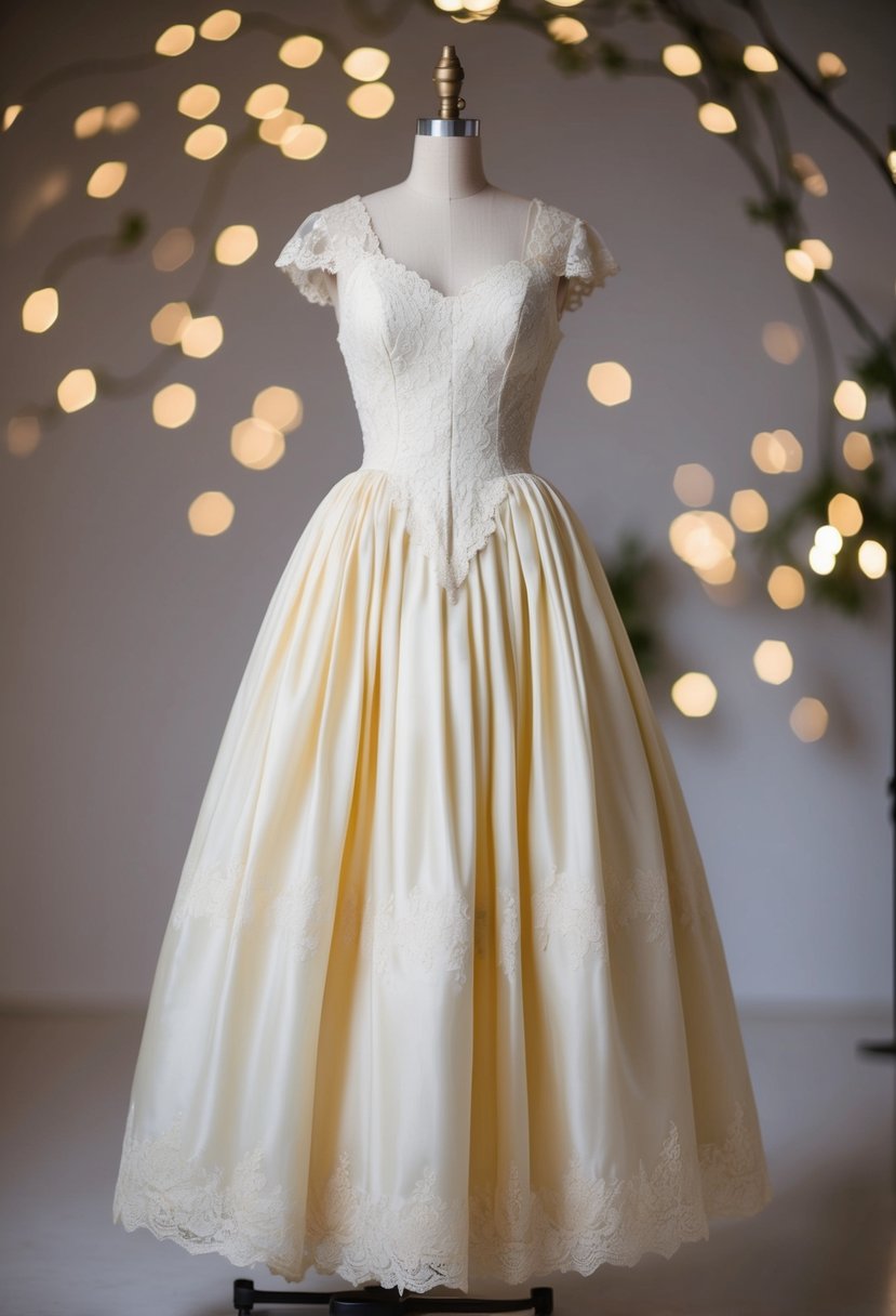 A vintage-inspired tea-length gown hangs on a mannequin, adorned with delicate lace and a full skirt