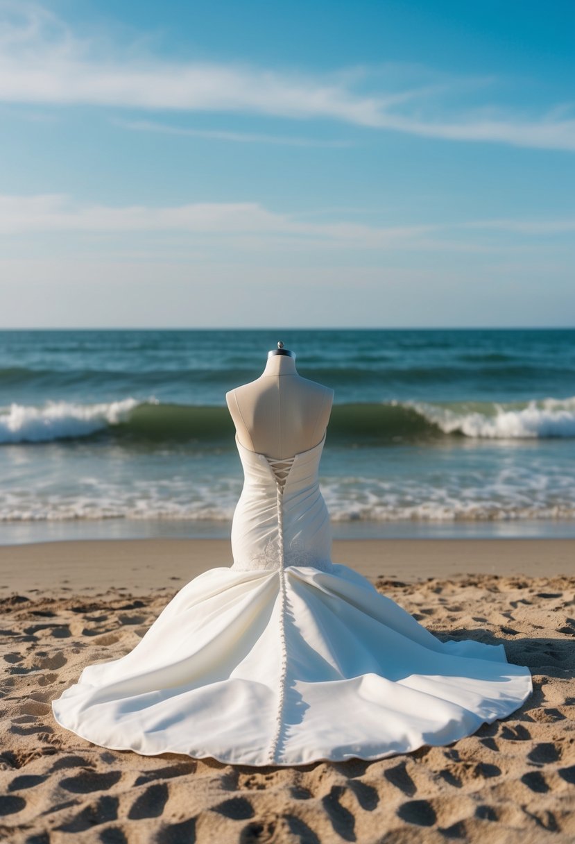 A knee-length wedding dress laid out on the sandy beach, with gentle waves in the background and a clear blue sky overhead