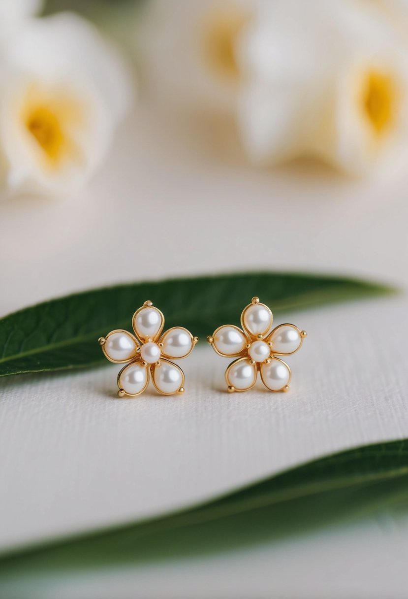 A pair of delicate gold stud earrings with pearl flower designs, perfect for a wedding