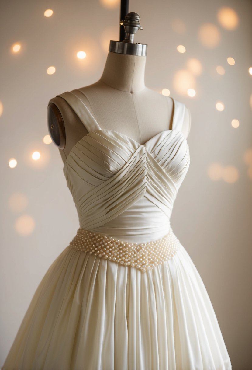 A vintage 50s wedding dress with a cinched waist and pearl accents, hanging on a dress form in a soft, romantic lighting