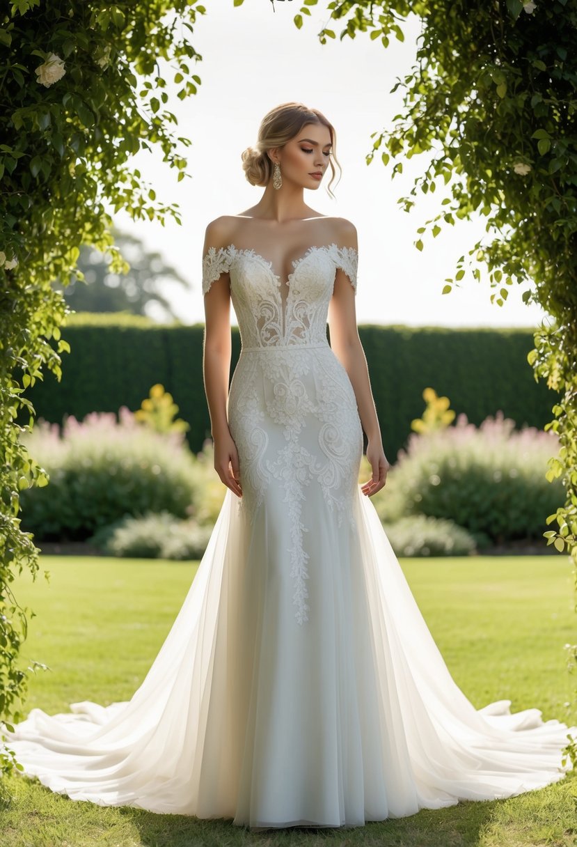 A flowing off-shoulder wedding dress with intricate lace details and a subtle train, set against a romantic garden backdrop