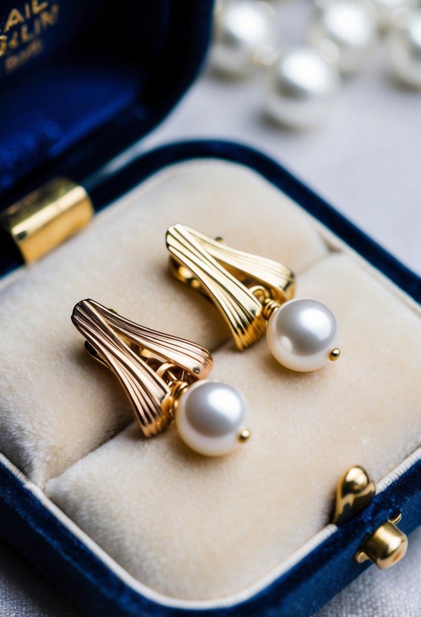 A close-up of vintage gold and pearl clip-on earrings on a velvet jewelry box